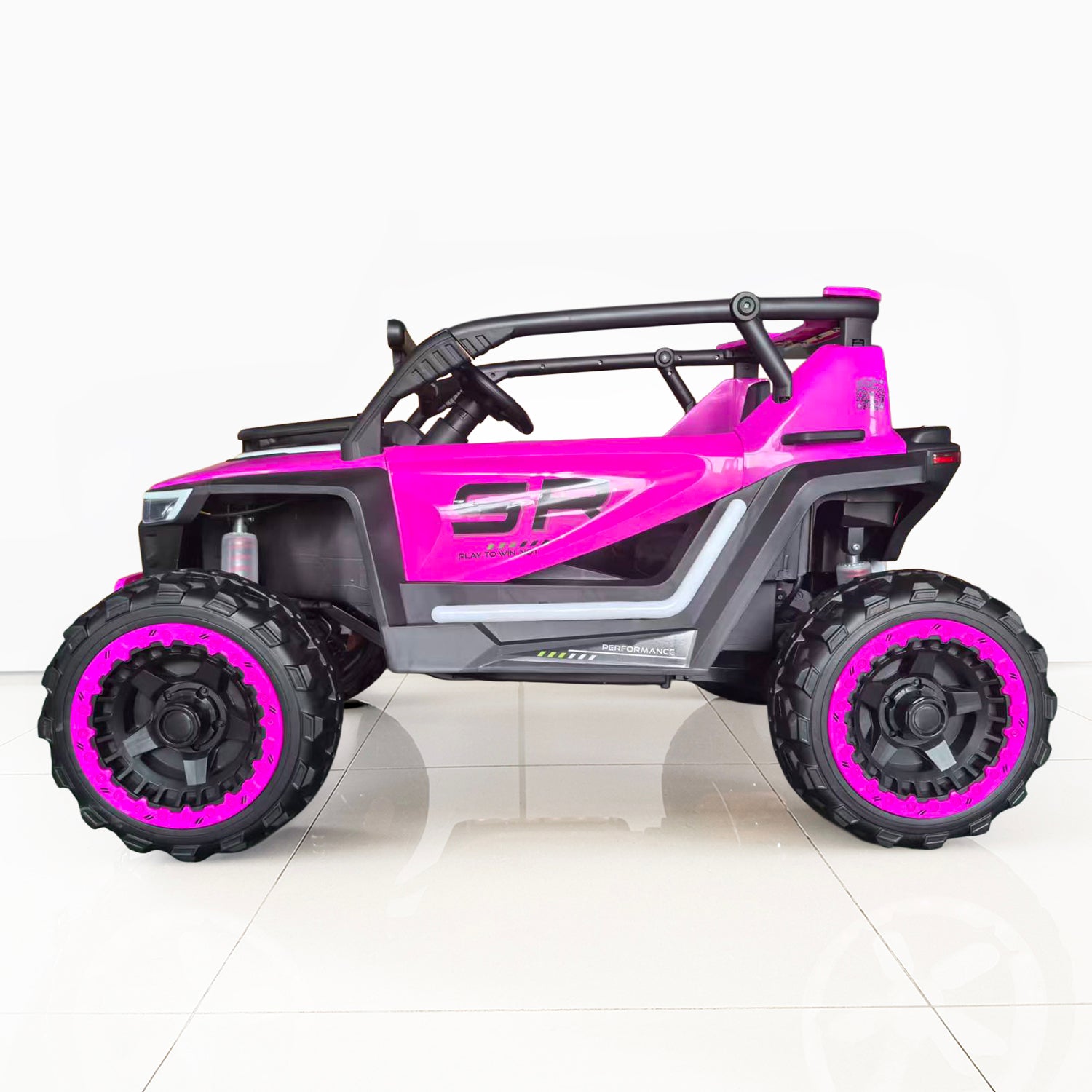 Side view of Velocity Raptor two-seater ride-on car
